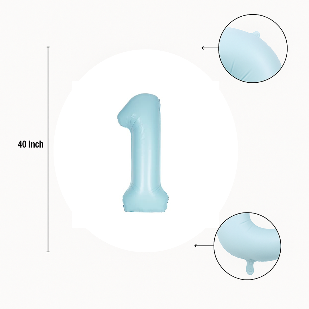 40 inch baby blue number 1 foil balloon size guide showing seam and valve detail