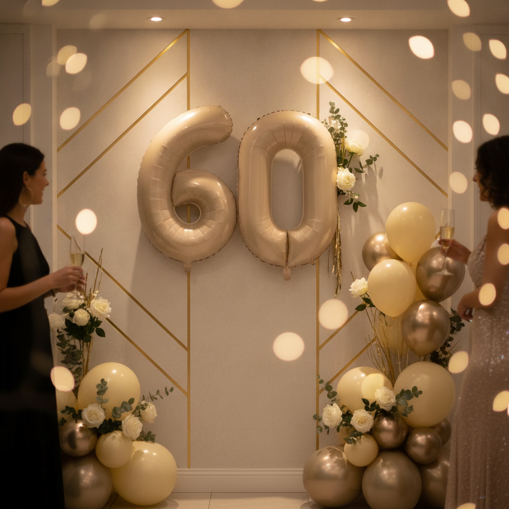 Beige 60th birthday party decoration with number balloons