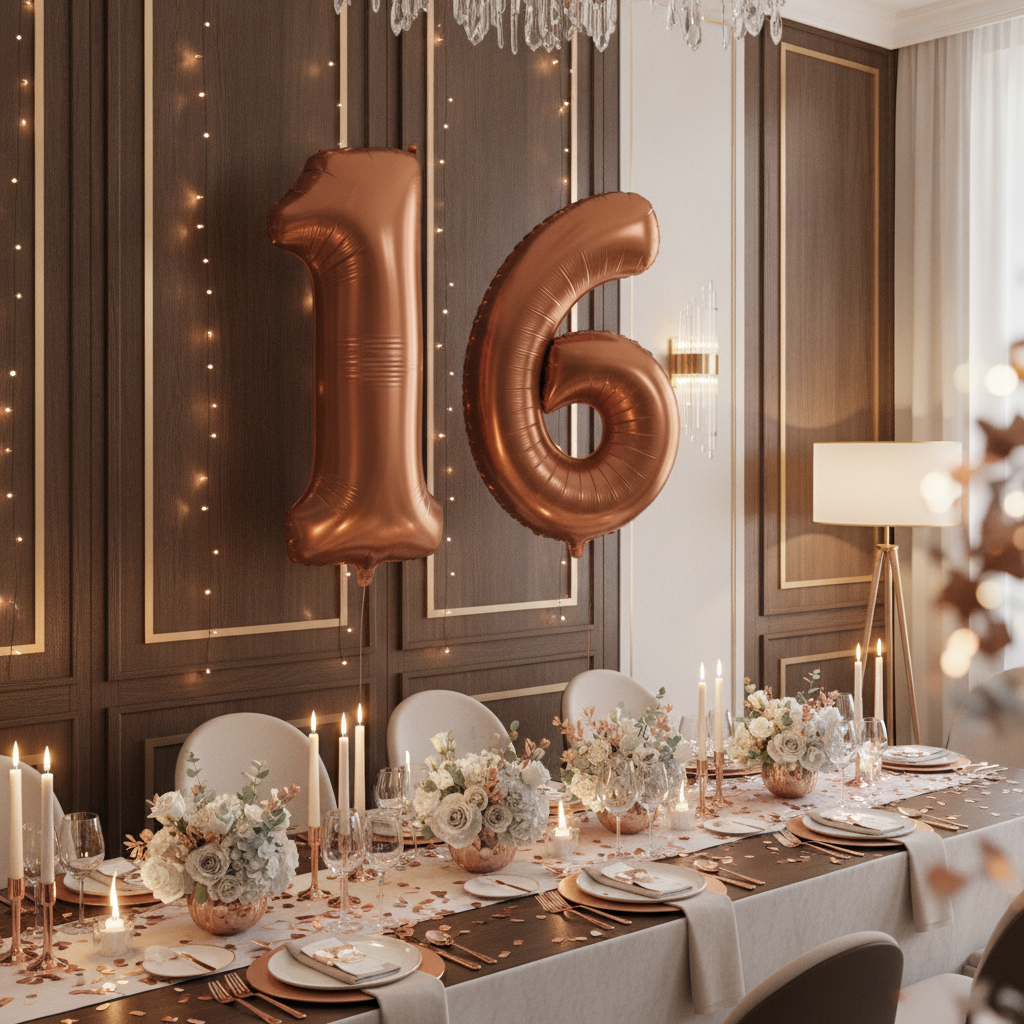 Brown 16th birthday party decoration with number balloons