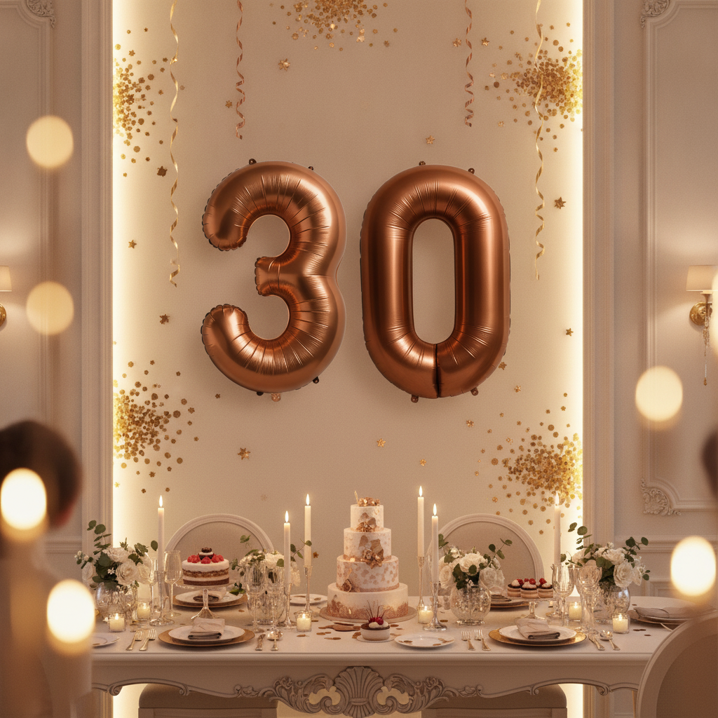 Brown 30th birthday party decoration with number balloons
