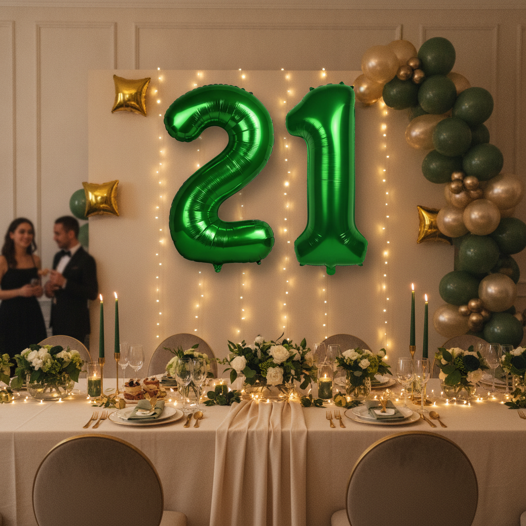 Green 21st birthday party decoration with number balloons
