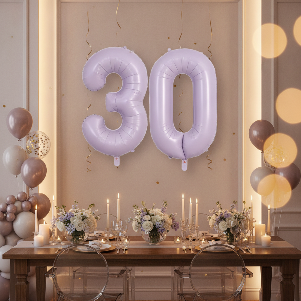 Lavender 30th birthday party decoration with number balloons