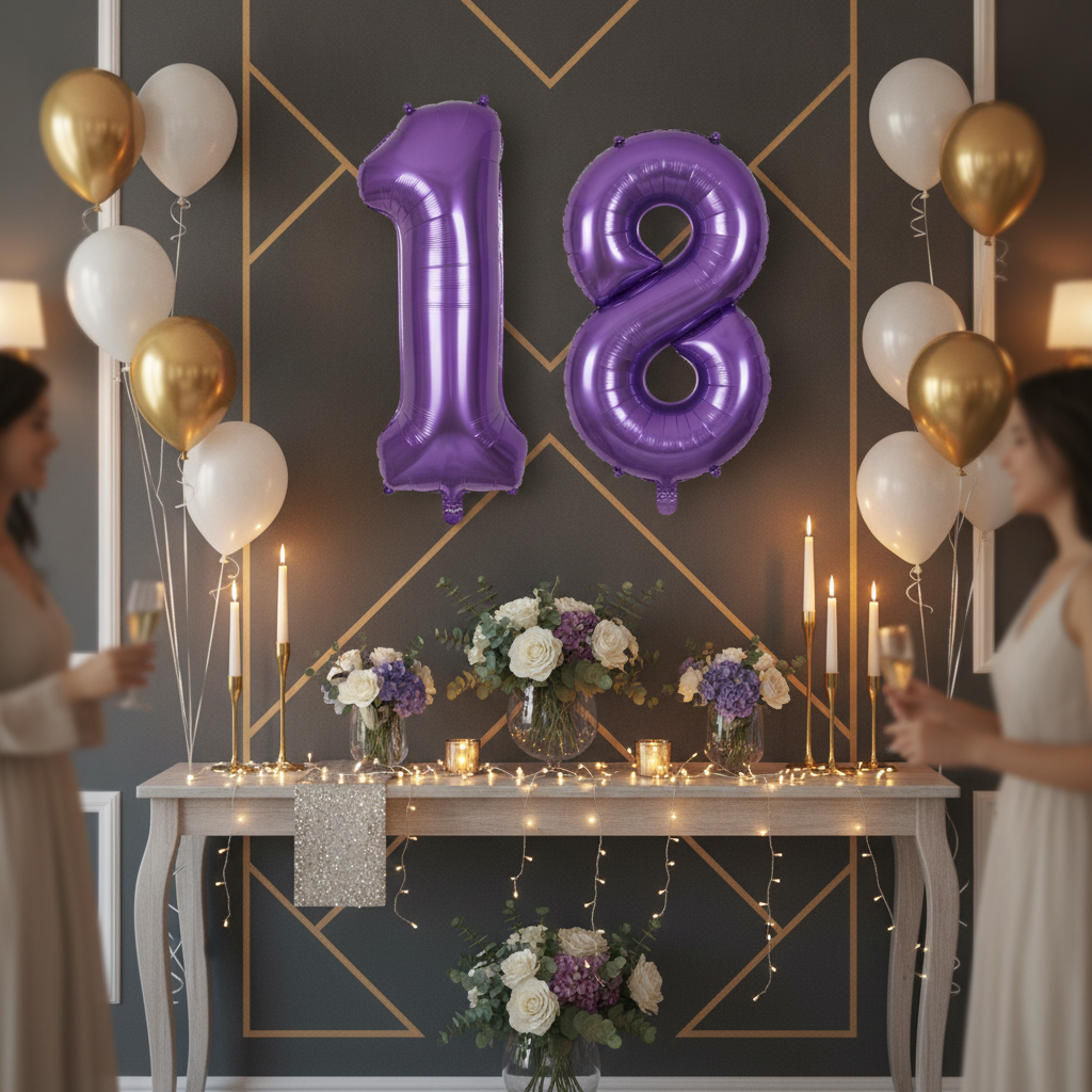 Purple 18th birthday party decoration with number balloons