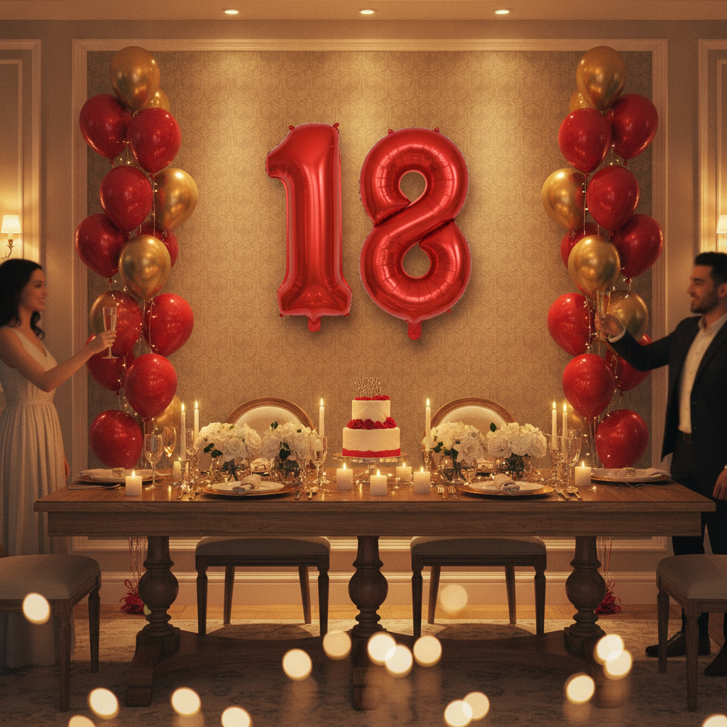 Red 18th birthday party decoration with number balloons