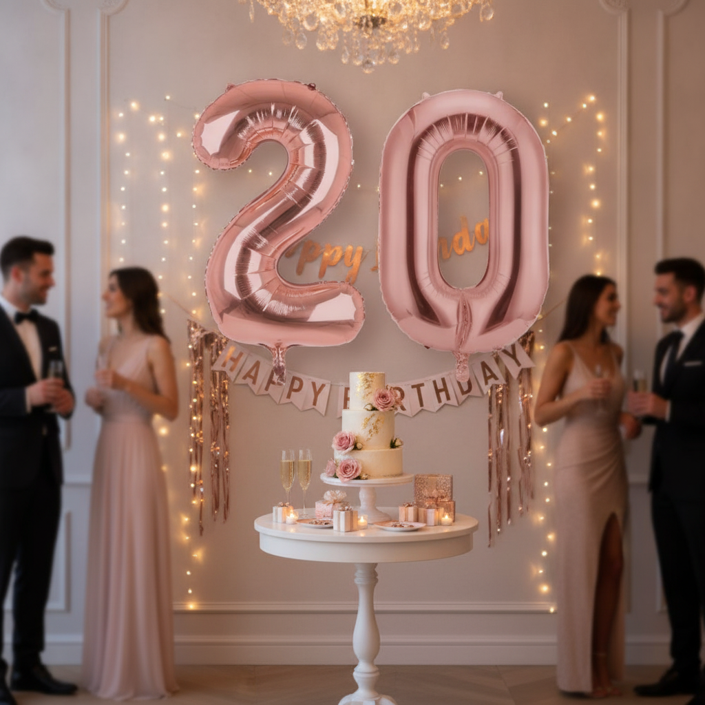 Rose Gold 20th birthday party decoration with number balloons