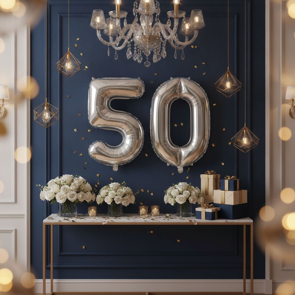 Silver 50th birthday party decoration with number balloons