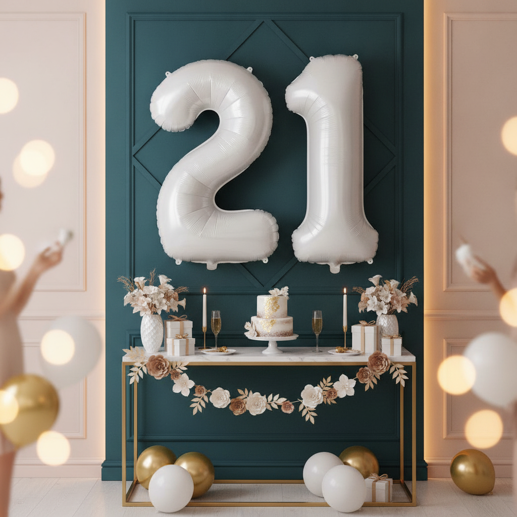 White 21st birthday party decoration with number balloons