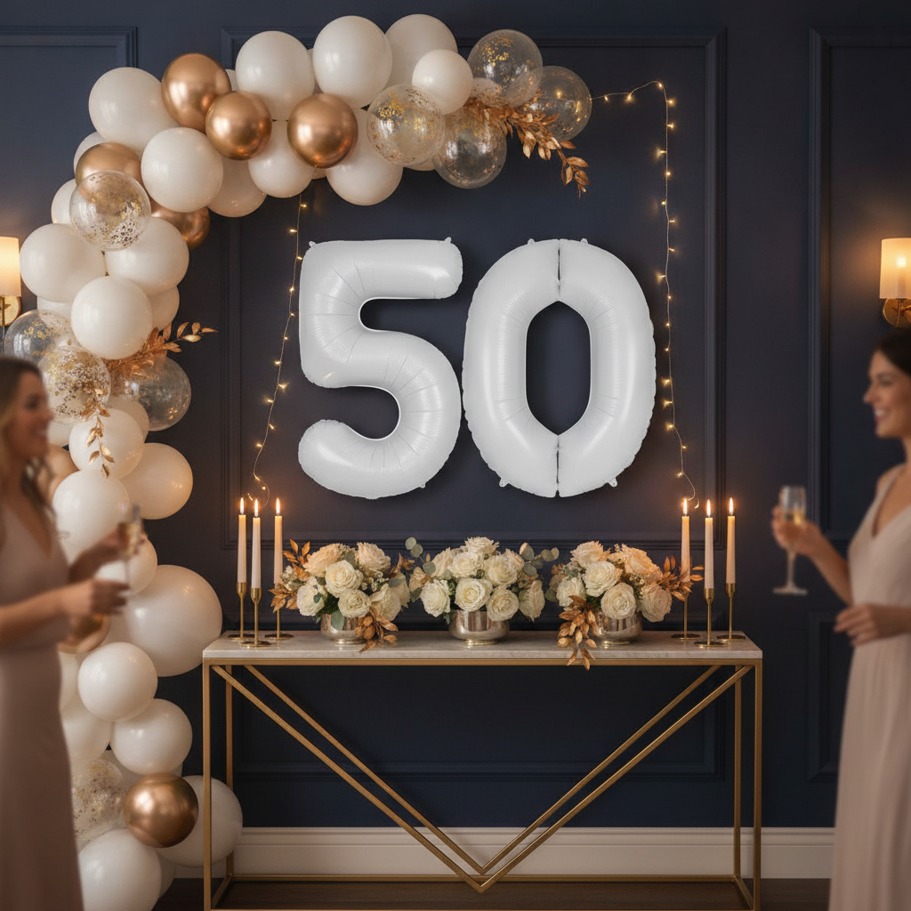 White 50th birthday party decoration with number balloons