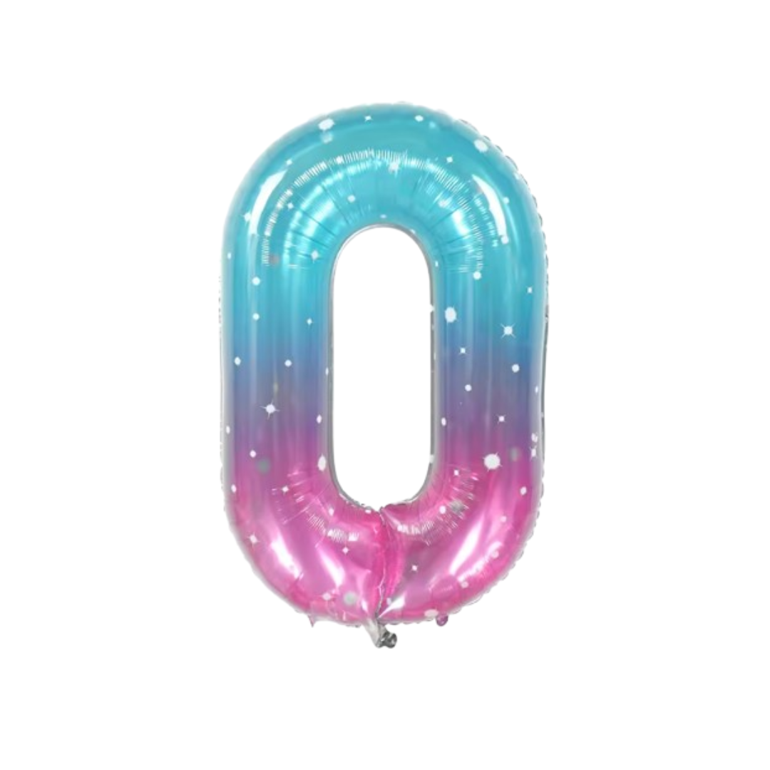 40" Number 0 Foil Balloon – Blue Pink Ombre with Stars – Giant Birthday Decoration