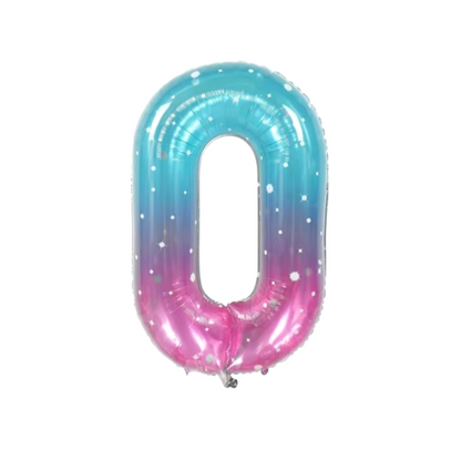 40" Number 0 Foil Balloon – Blue Pink Ombre with Stars – Giant Birthday Decoration