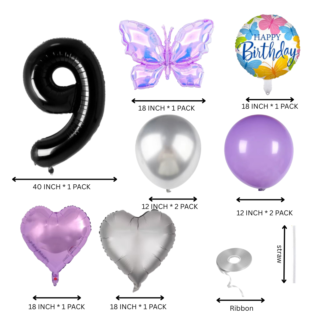 Birthday balloon set featuring large black number 9, purple butterfly foil balloon, lilac and silver latex balloons, and “Happy Birthday” round balloon — perfect for kids’ or adult celebrations.