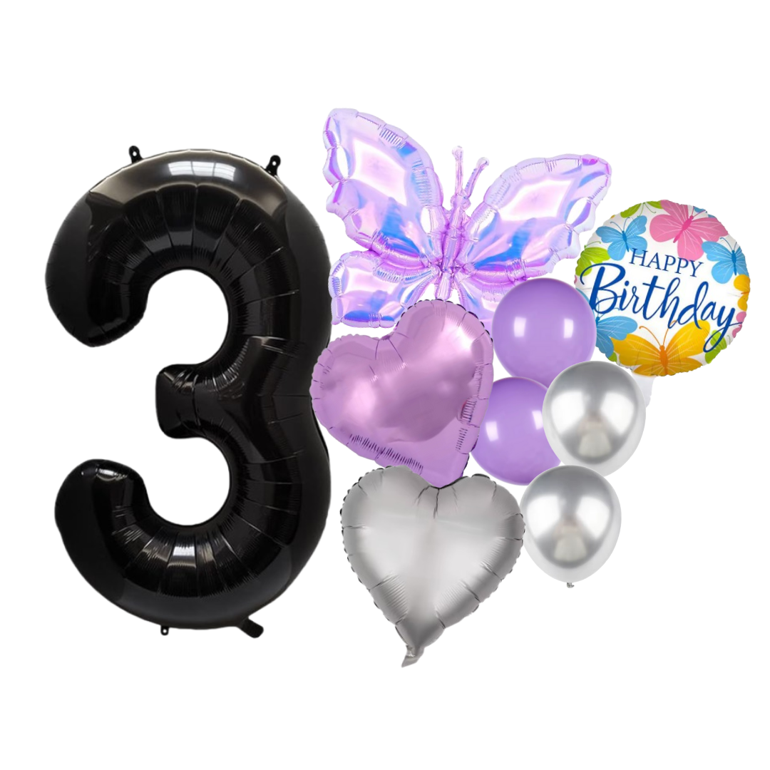 Birthday balloon set featuring large black number 3, purple butterfly foil balloon, lilac and silver latex balloons, and “Happy Birthday” round balloon — perfect for kids’ or adult celebrations.