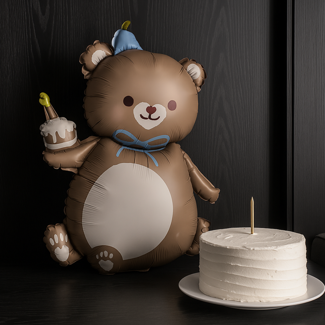 Teddy Bear Foil Balloon Brown | Birthday Party Decoration | Cute 3D Bear with Cake and Hat
