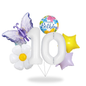 10th birthday balloon set with white number balloons, butterfly foil balloon, daisy flower balloon, star balloons and Happy Birthday balloon – girls party decoration UK