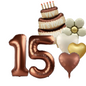 Brown 15th birthday decoration set including large foil number balloons 3 and 0, heart-shaped balloons in gold and ivory, flower balloon, and cake balloon with candles and “It’s Your Birthday” message.