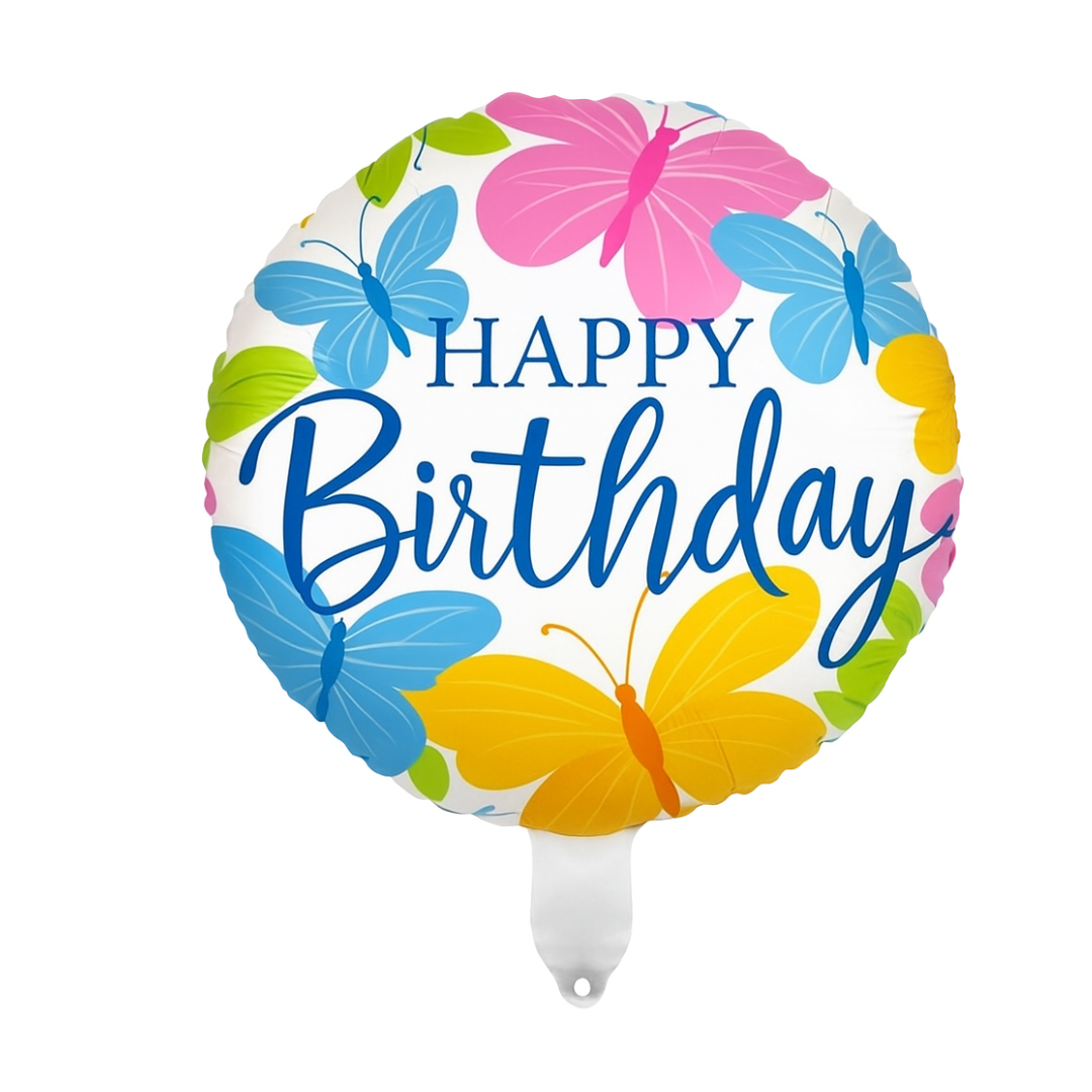 Happy Birthday Balloon with Butterflies – Round Foil Helium Balloon for Birthday Decor
