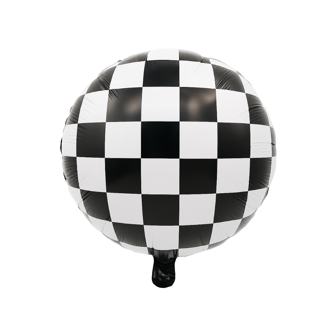 18" Racing Checkered Foil Balloon – Black & White Race Flag Pattern