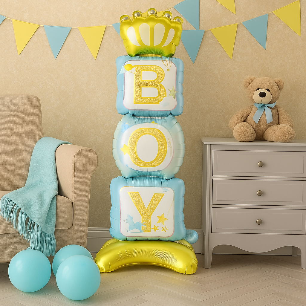 108cm baby shower balloon tower with gold crown – BOY or GIRL foil blocks, newborn welcome and gender reveal deco  life style 