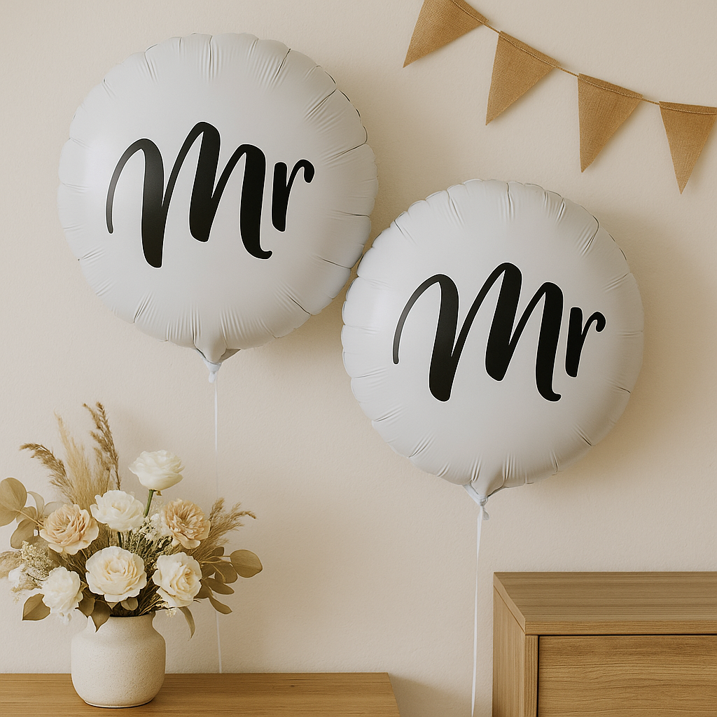 Mr & Mrs 18 inch white round foil balloons – wedding backdrop