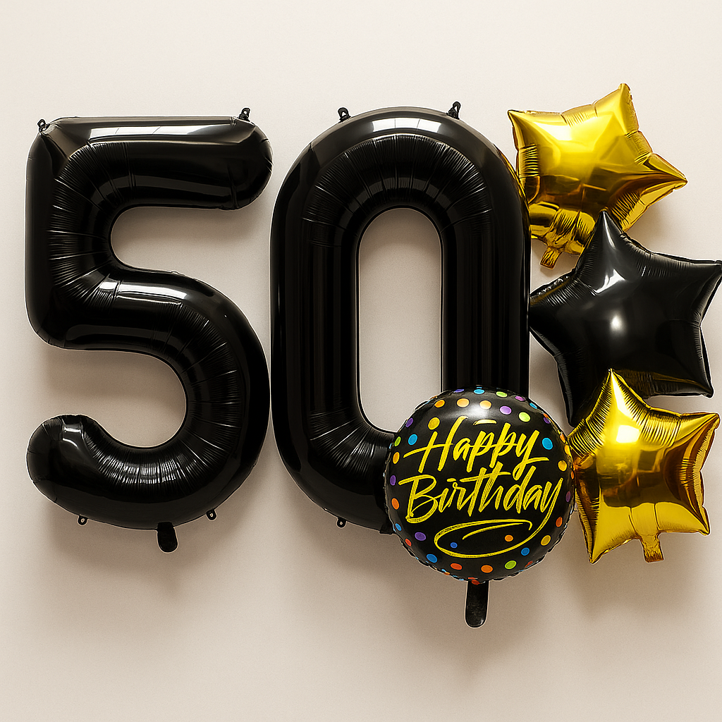 50th Birthday Balloons Gold & Black | 40 Inch Numbers with Stars | Set with Straw & Ribbon