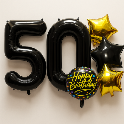 50th Birthday Balloons Gold & Black | 40 Inch Numbers with Stars | Set with Straw & Ribbon