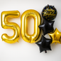50th Birthday Balloons Gold & Black | 40 Inch Numbers with Stars | Set with Straw & Ribbon