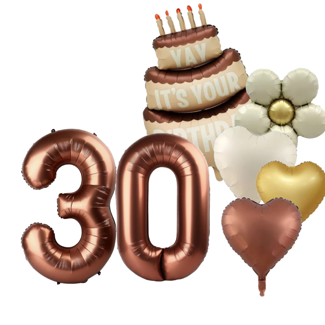 Brown 30th birthday decoration set including large foil number balloons 3 and 0, heart-shaped balloons in gold and ivory, flower balloon, and cake balloon with candles and “It’s Your Birthday” message.