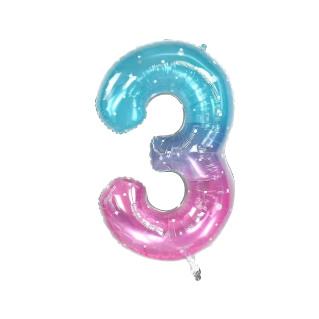 40" Number 3 Foil Balloon – Blue Pink Ombre with Stars – Giant Birthday Decoration