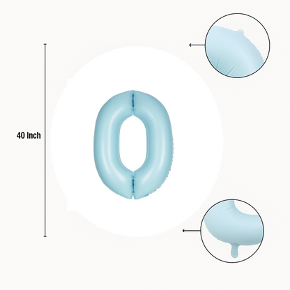 40 inch baby blue number 0 foil balloon size guide showing seam and valve detail