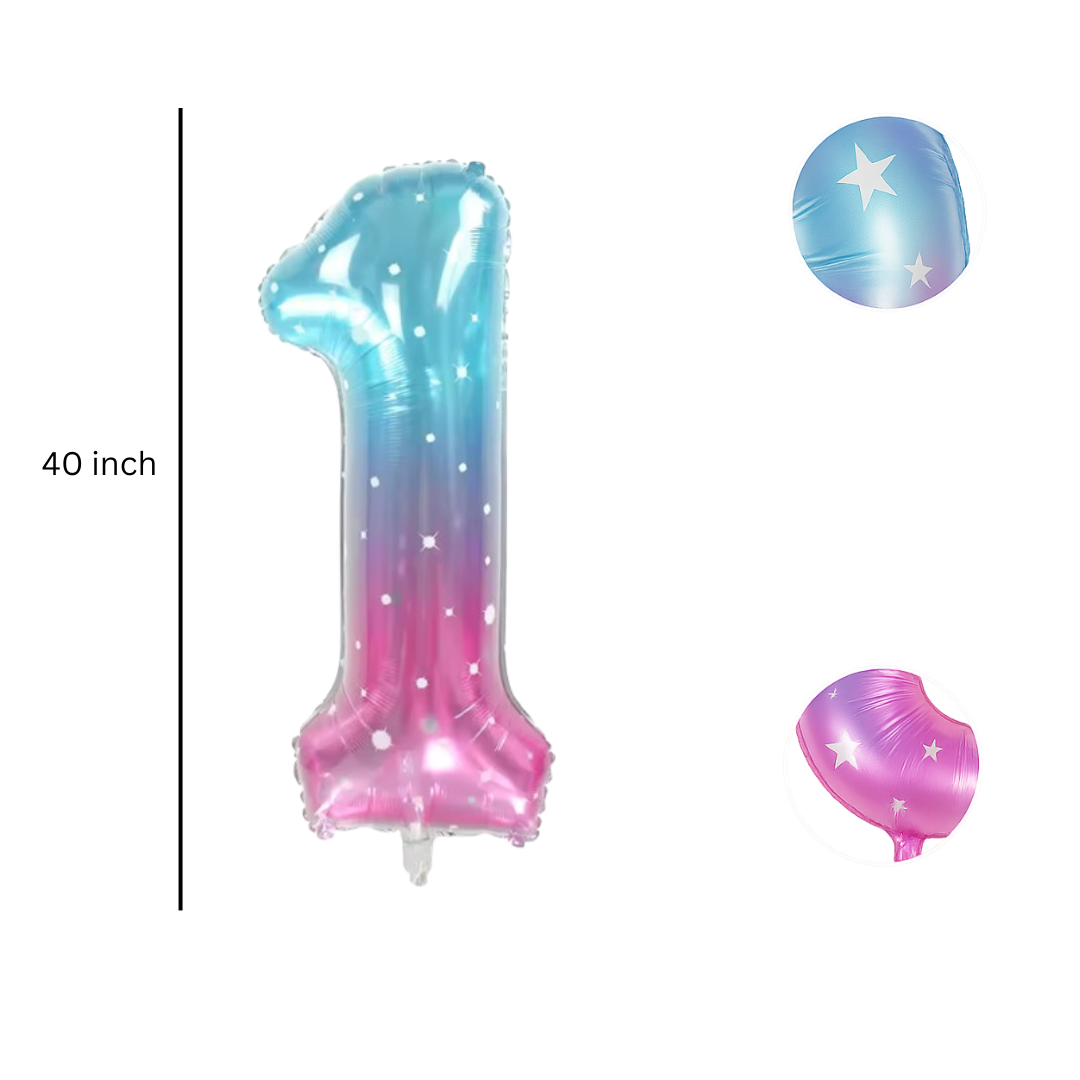 Close-up of blue pink ombre number 1 foil balloon with star detail