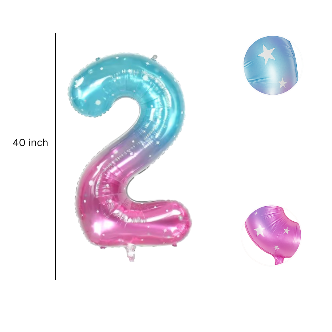 Close-up of blue pink ombre number 2 foil balloon with star detail