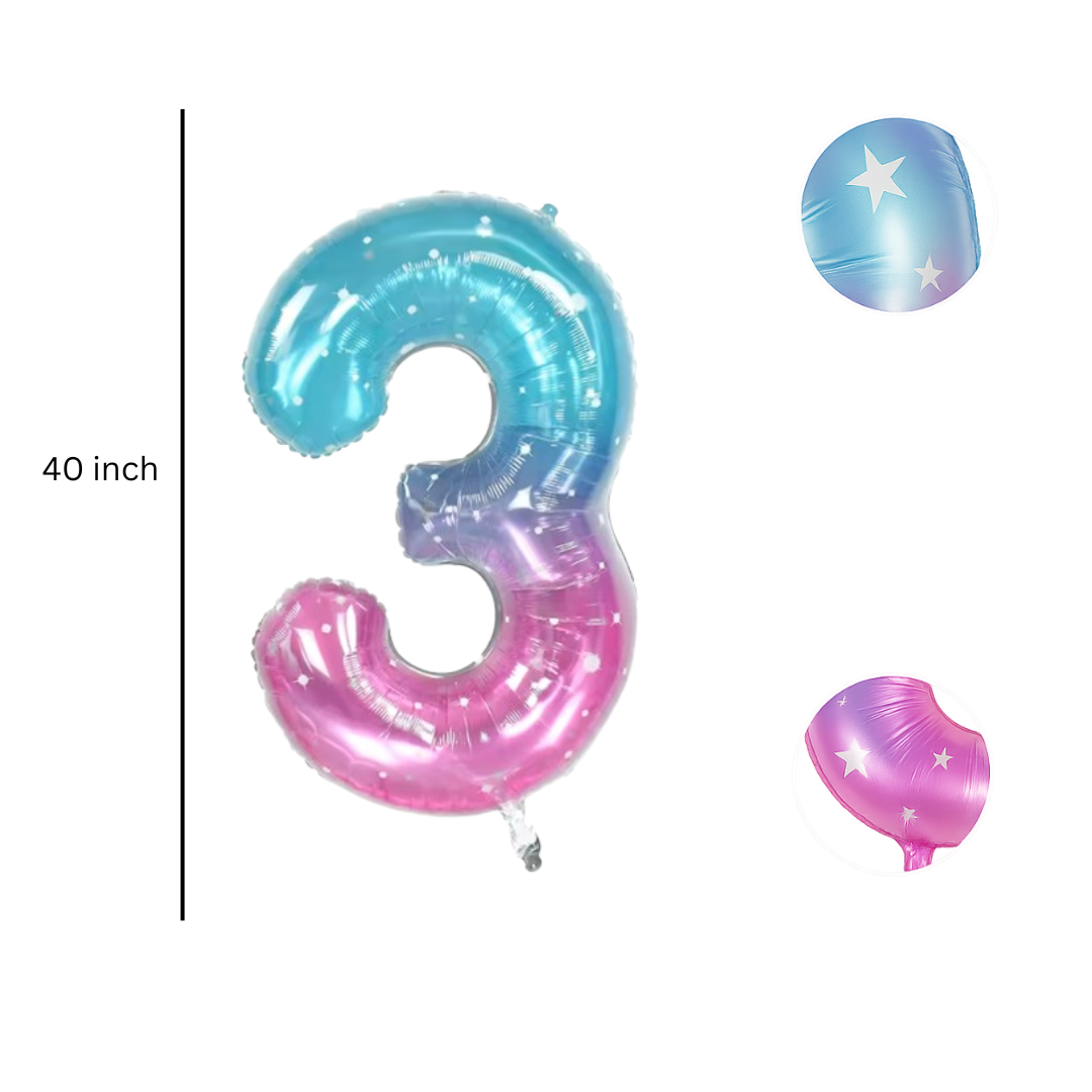 Close-up of blue pink ombre number 3 foil balloon with star detail