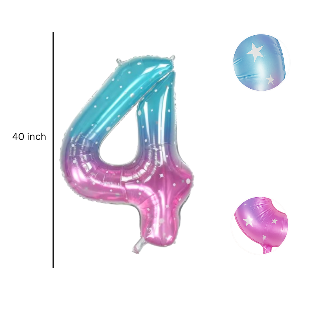 Close-up of blue pink ombre number 4 foil balloon with star detail