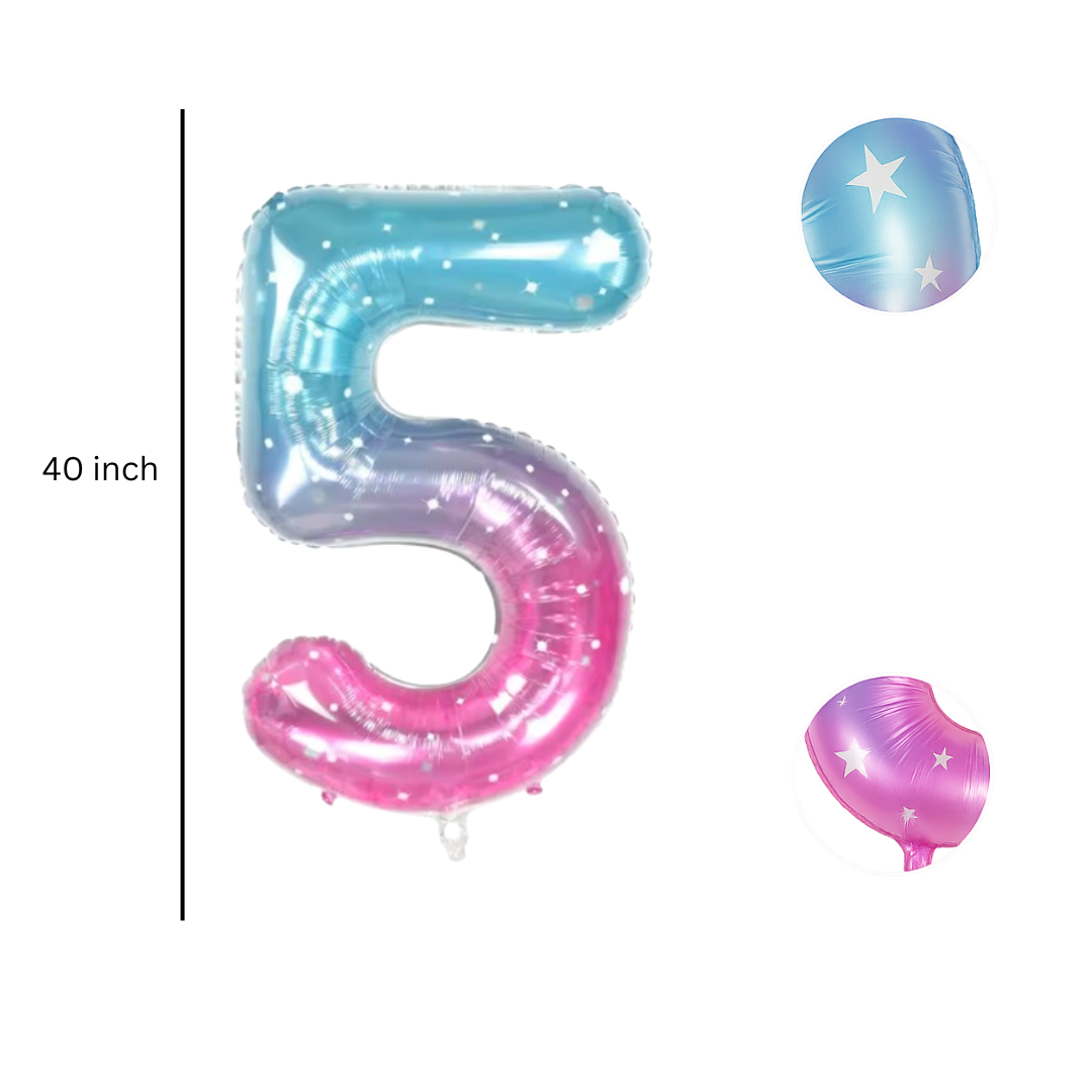 Close-up of blue pink ombre number 5 foil balloon with star detail
