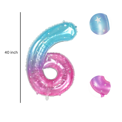 Close-up of blue pink ombre number 6 foil balloon with star detail