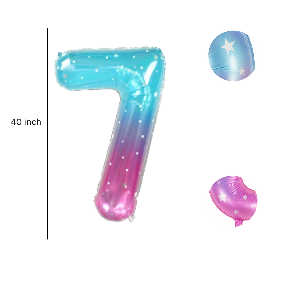 Close-up of blue pink ombre number 7 foil balloon with star detail