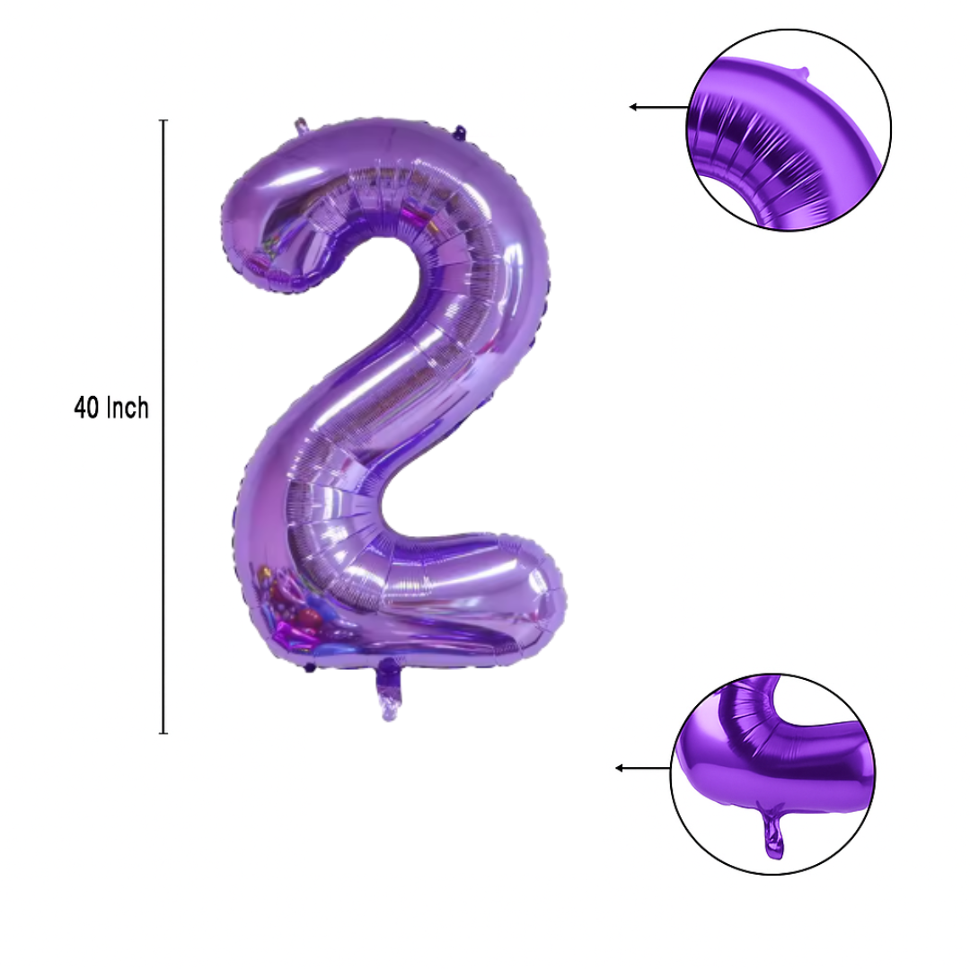 Close-up of metallic purple number 2 foil balloon finish