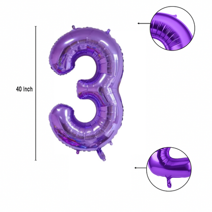 Close-up of metallic purple number 3 foil balloon finish