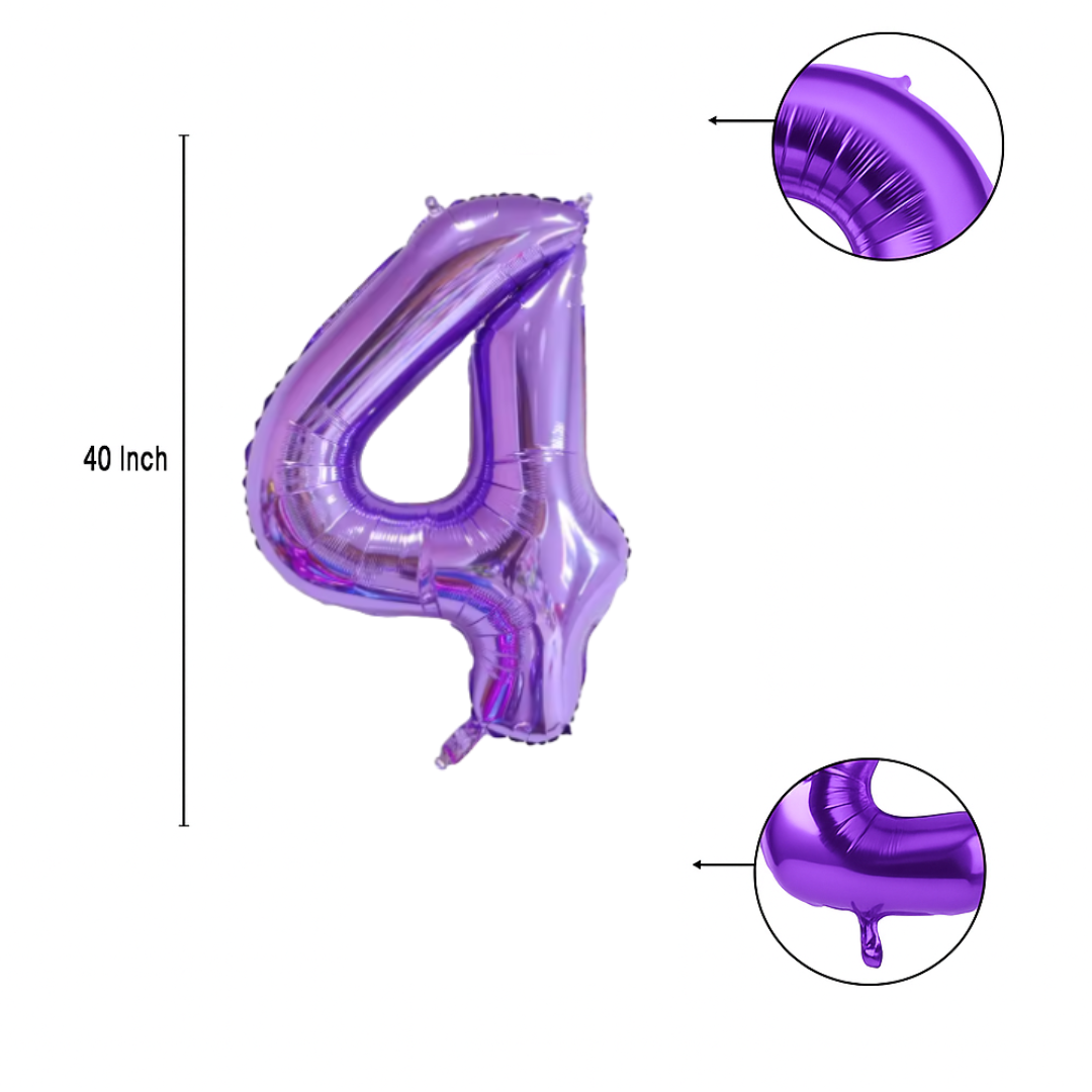 Close-up of metallic purple number 4 foil balloon finish