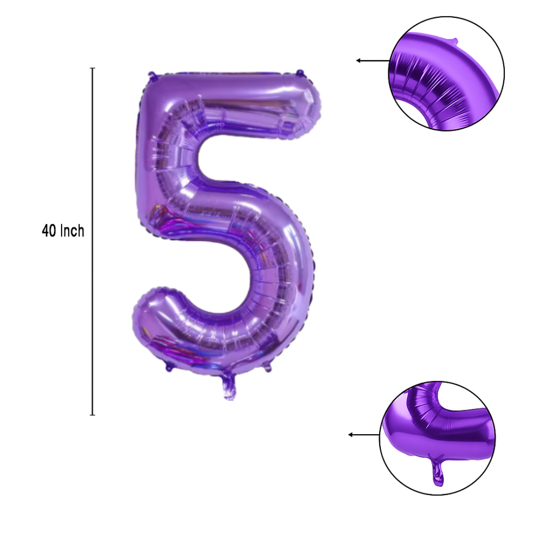 Close-up of metallic purple number 5 foil balloon finish