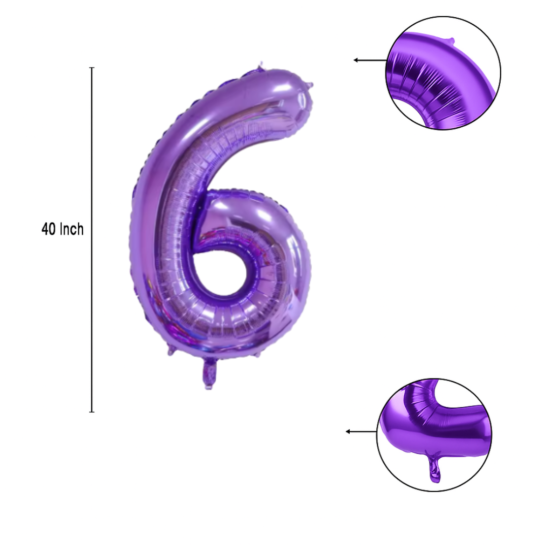 Close-up of metallic purple number 6 foil balloon finish
