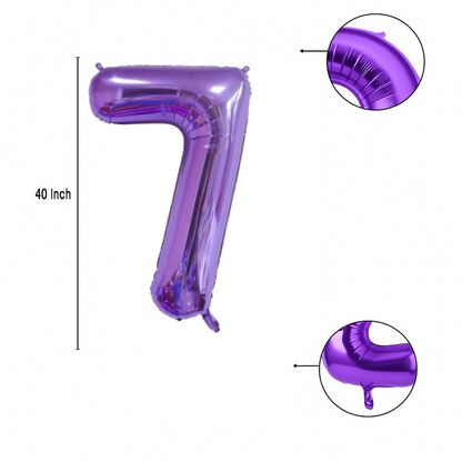 Close-up of metallic purple number 7 foil balloon finish