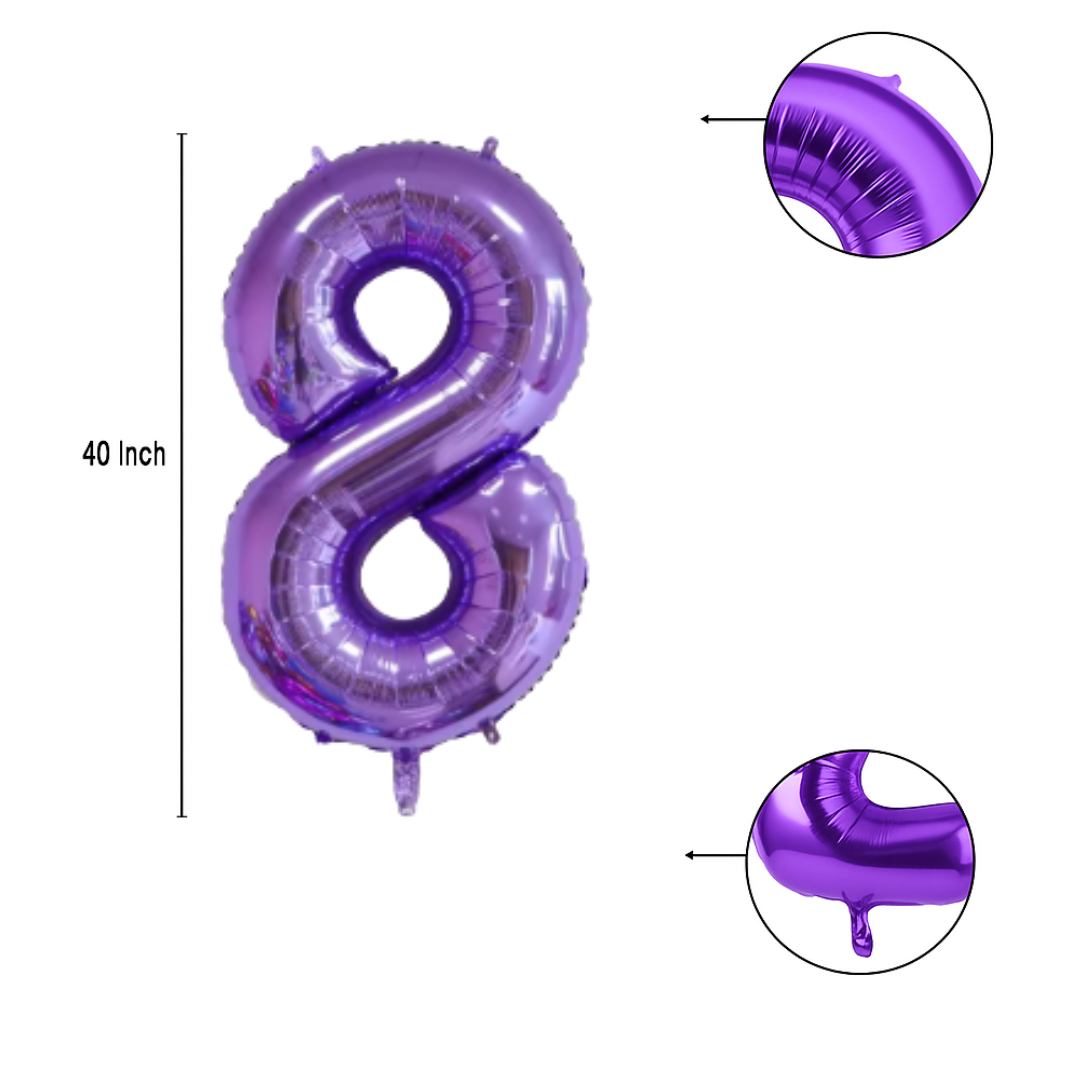 Close-up of metallic purple number 8 foil balloon finish