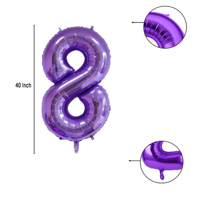 Close-up of metallic purple number 8 foil balloon finish