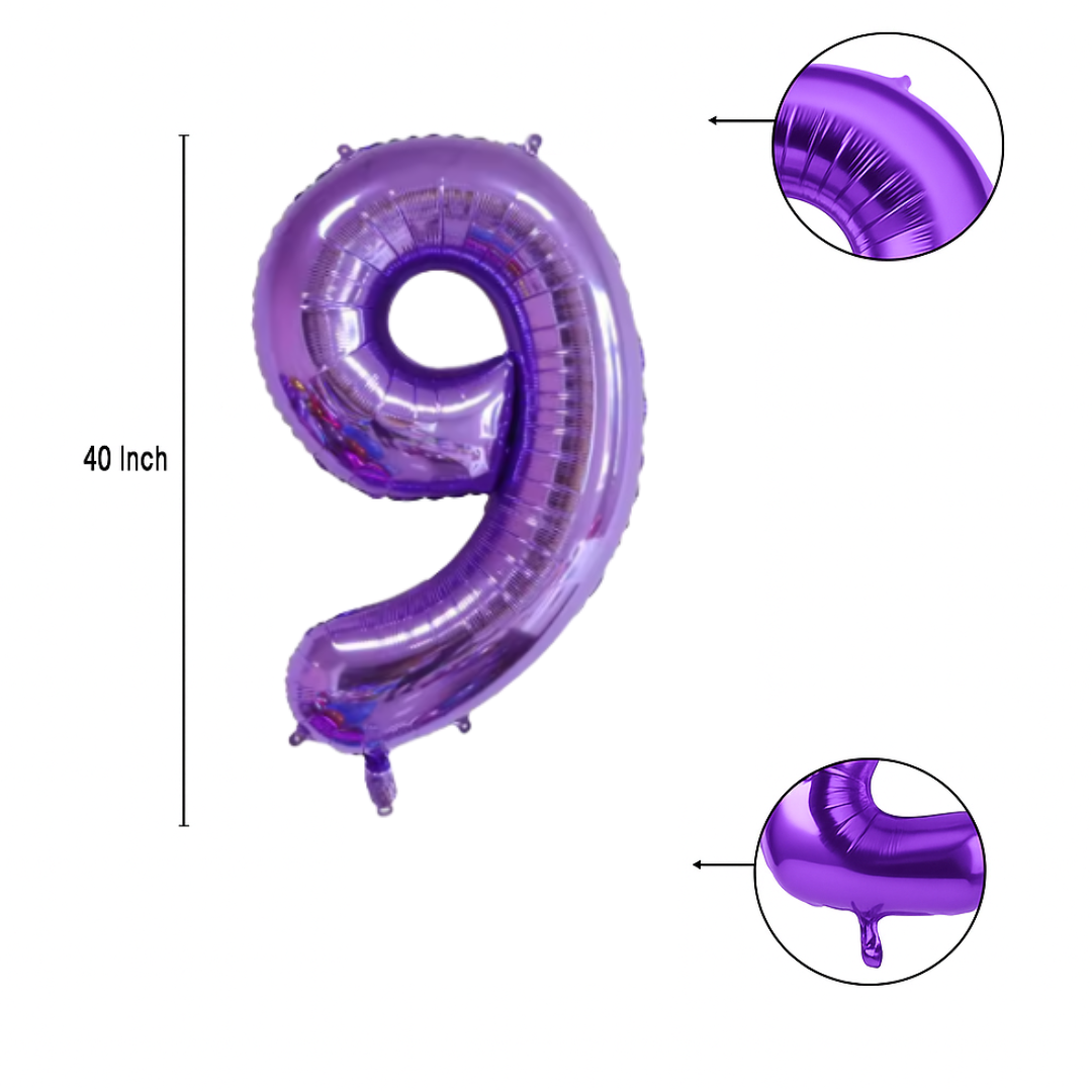 Close-up of metallic purple number 9 foil balloon finish