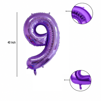Close-up of metallic purple number 9 foil balloon finish
