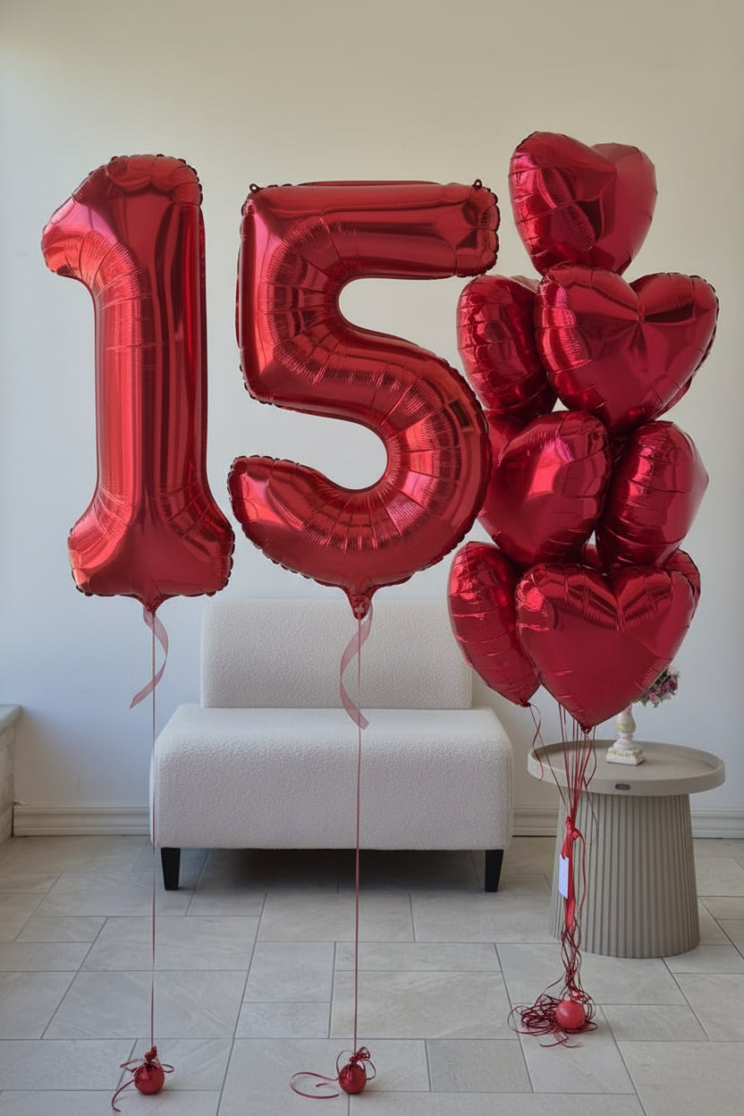 Close-up of red number 5 foil balloon finish