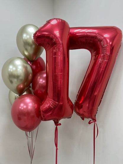 Close-up of red number 7 foil balloon finish