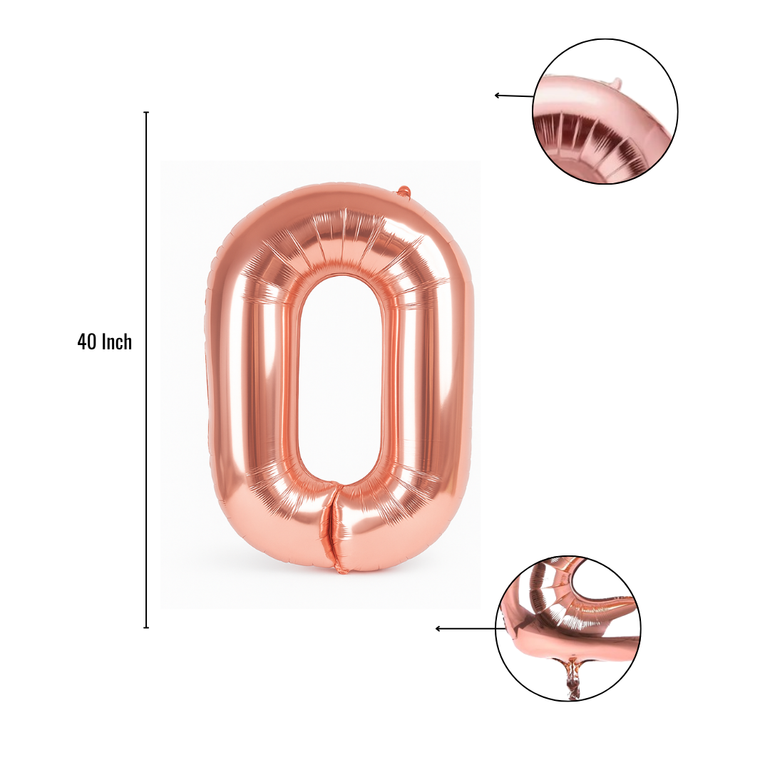 Close-up of rose gold number 0 foil balloon finish