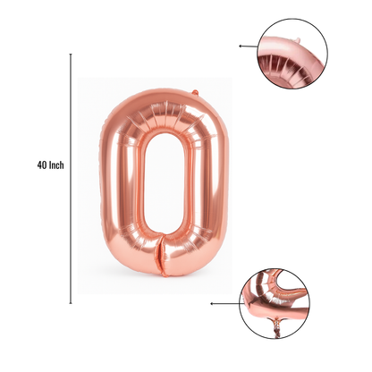 Close-up of rose gold number 0 foil balloon finish